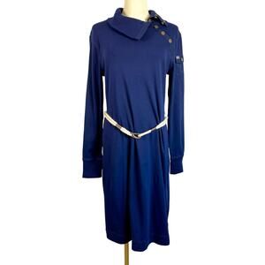 Ralph Lauren Navy Cowl Neck Rope Belt Button Accent Nautical Knit Dress Medium